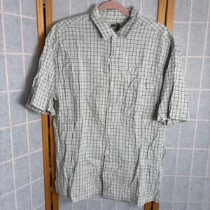 Address Unknown Mens Large Short Sleeve Plaid Button‎ Down Shirt Cream Green Y2K